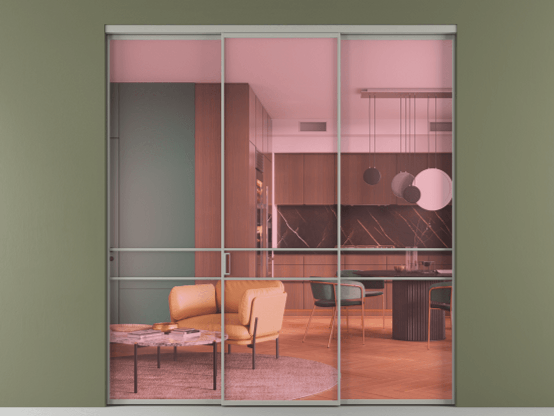 Перегородка Формато внутри проёма 3 створки АЛПР 040.02 Алюминий нейтральный серый Прозрачное розовое стекло, триплекс Цена 237275 ₽ | Volhovec