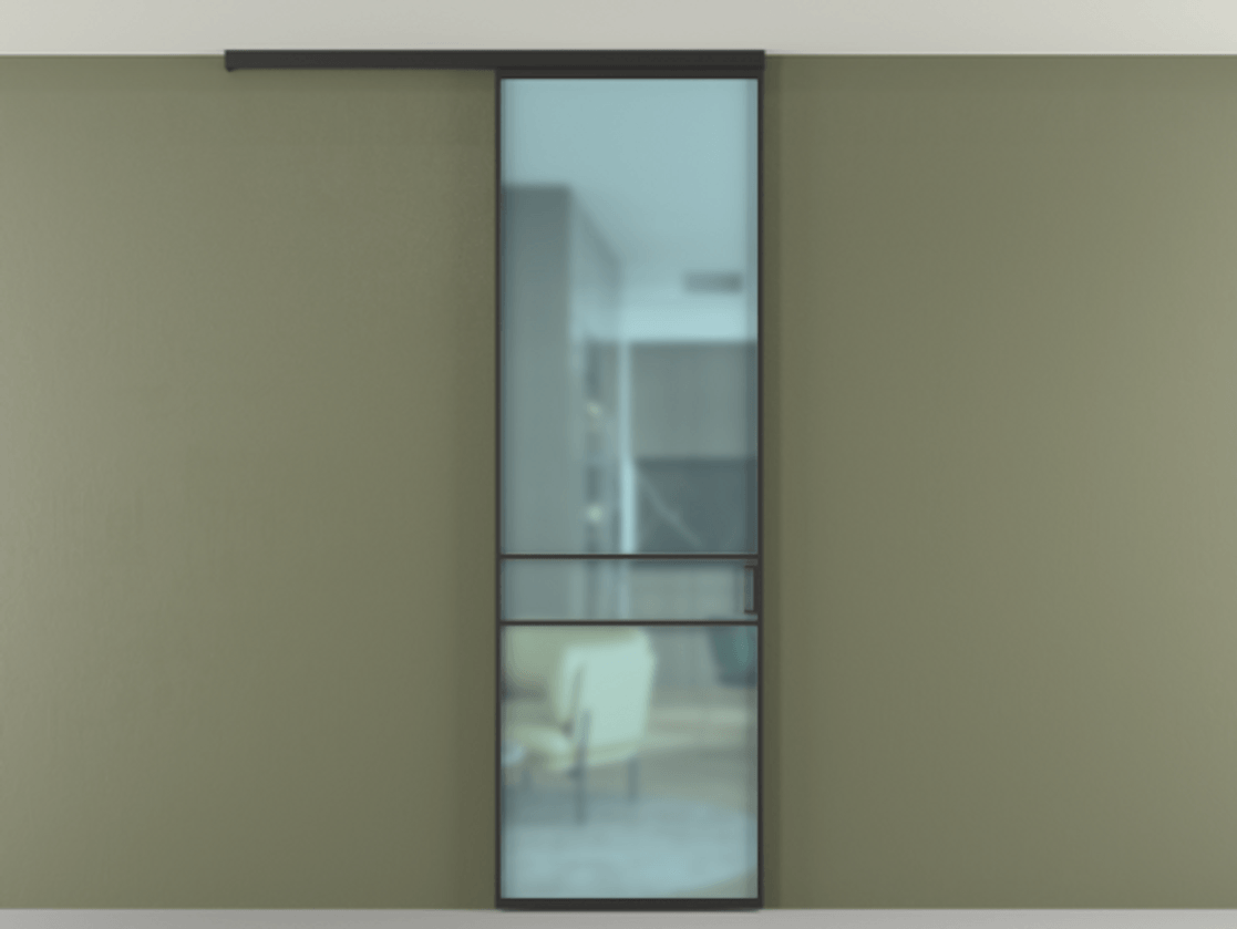 Перегородка Формато вдоль стены на потолок 1 створка АЛПР 040.02 Алюминий Черный Сатинированное голубое стекло, триплекс Цена 93188 ₽ | Volhovec