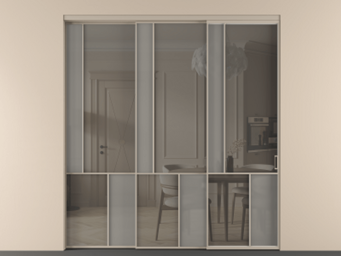 Перегородка Мозаик внутри проёма 3 створки с синхронным механизмом АЛПР 041.20  Алюминий бисквитный Сатинированное серое стекло, триплекс, 6 мм + Прозрачное серое стекло, триплекс Цена 437390 ₽ | Volhovec