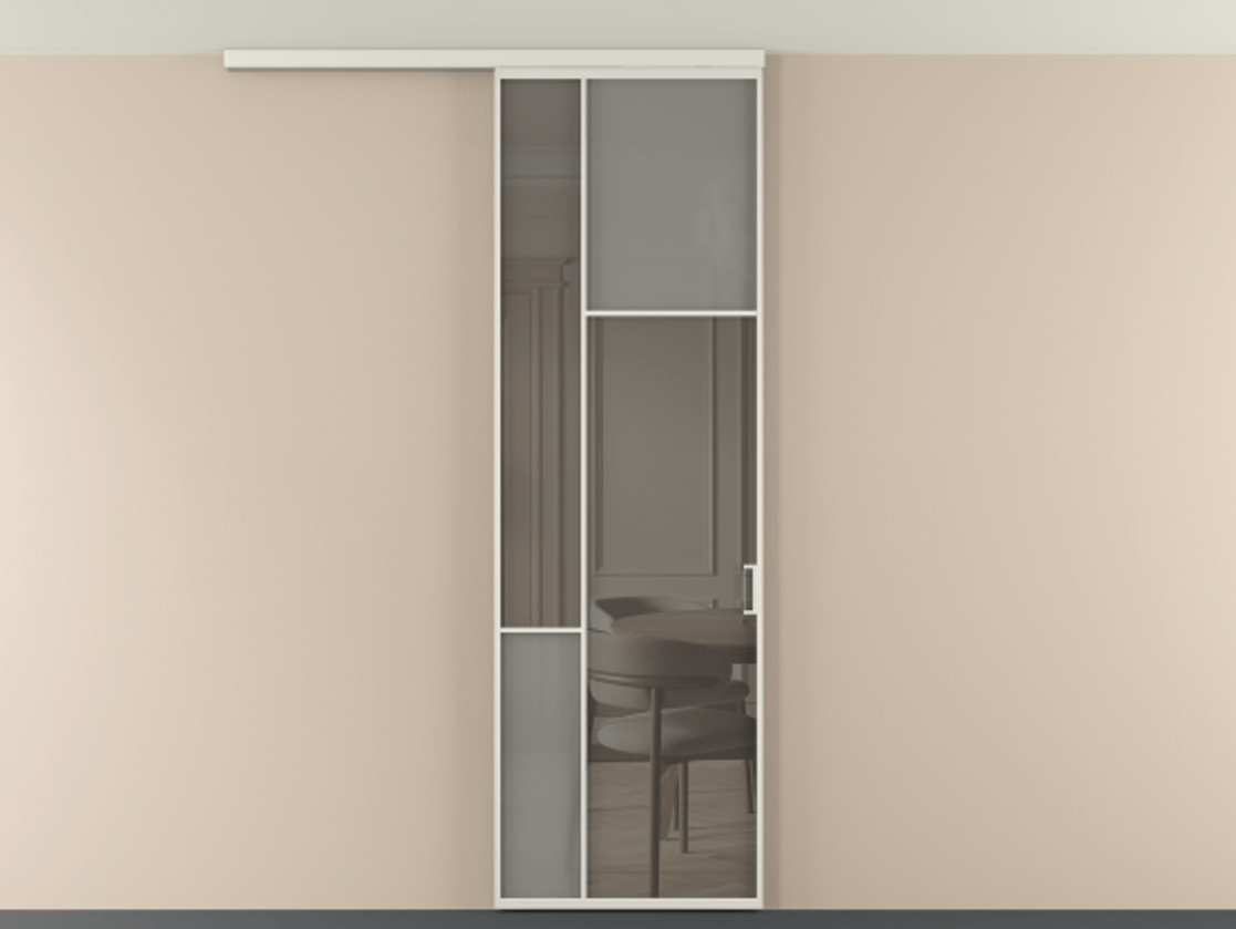 Перегородка Мозаик вдоль стены на потолок 1 створка АЛПР 041.11 Алюминий серый Сатинированное серое стекло, триплекс, 6 мм + Прозрачное серое стекло, триплекс Цена 135040 ₽ | Volhovec