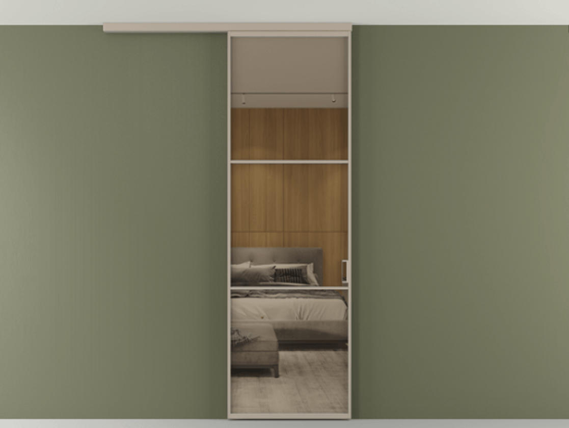 Перегородка Формато вдоль стены на потолок 1 створка АЛПР 040.03 Алюминий бисквитный Рефлективное бронзовое стекло "Стопсол", калёное Цена 107388 ₽ | Volhovec