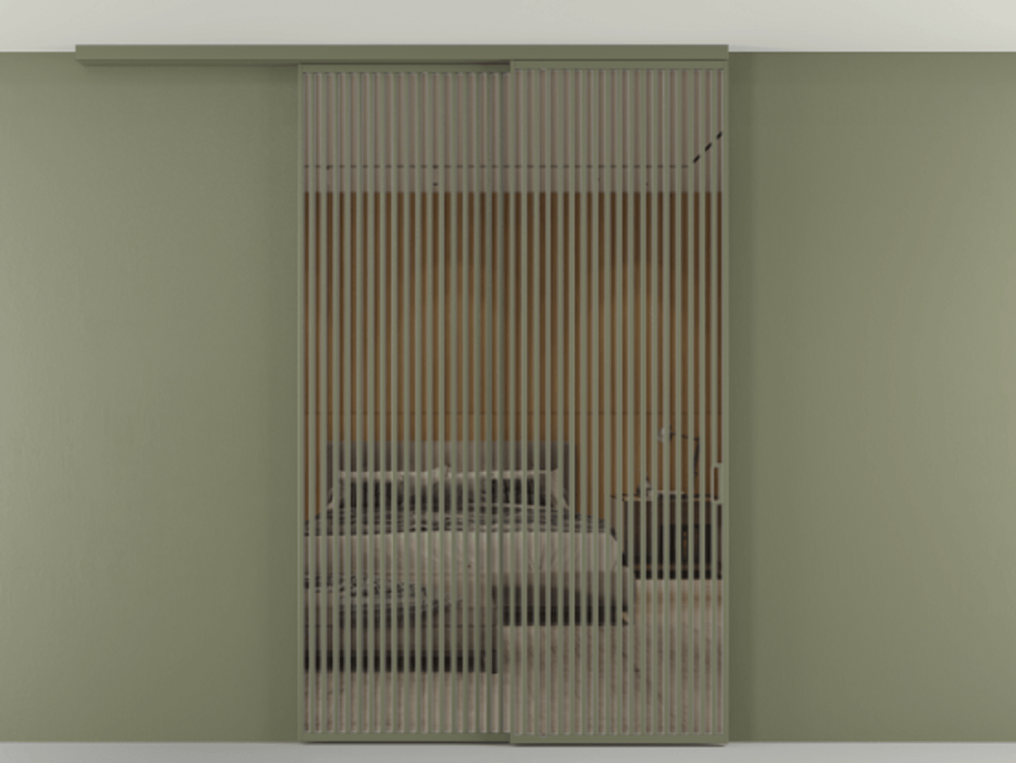 Перегородка Формато вдоль стены на потолок 2 створки с синхронным механизмом АЛПР 040.06 Алюминий оливковый тёмный Рефлективное бронзовое стекло "Стопсол", калёное Цена 463256 ₽ | Volhovec