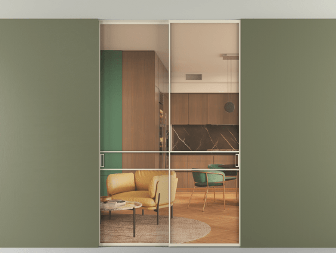 Межкомнатная дверь New Перегородка Formato внутри проёма двустворчатая со скрытым креплением в потолок АЛПР 040.02 Алюминий бежево-серый Прозрачное оранжевое стекло, триплекс Цена 53872140  | Volhovec