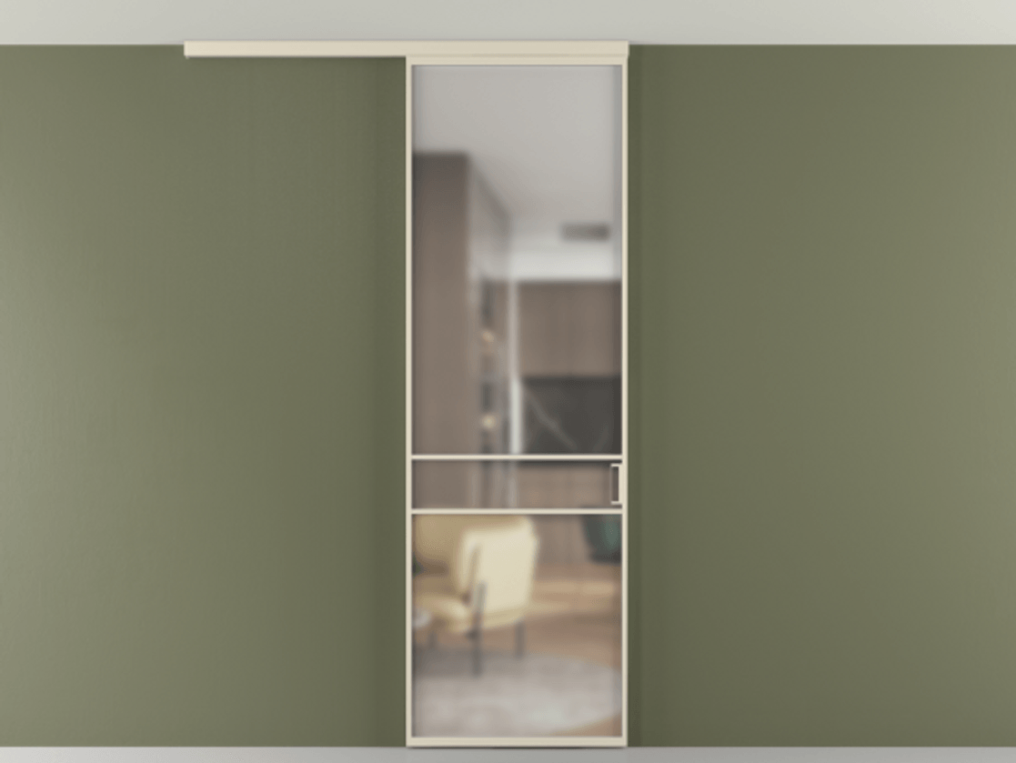 Перегородка Formato вдоль стены на потолок 1 створка АЛПР 040.02 Алюминий бежево-серый Сатинированное стекло "Matelux Crystal Vision", калёное, матовое, каленое 6 мм Цена 125510 ₽ | Volhovec