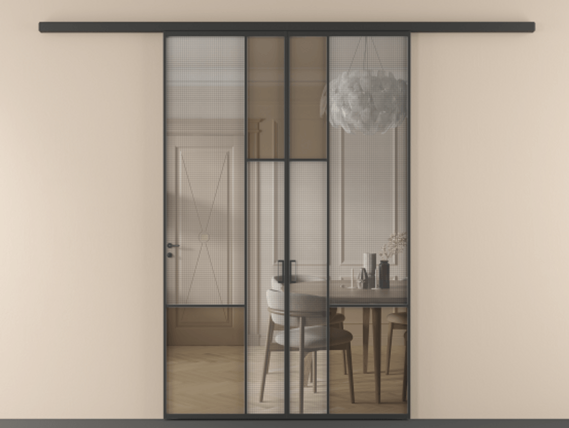 Перегородка Mosaic вдоль стены двустворчатая АЛПР 041.13 Алюминий Черный Декоративное стекло с сеткой "Mesh silver", триплекс, 6 мм + Прозрачное бронзовое стекло, триплекс Цена 266080 ₽ | Volhovec