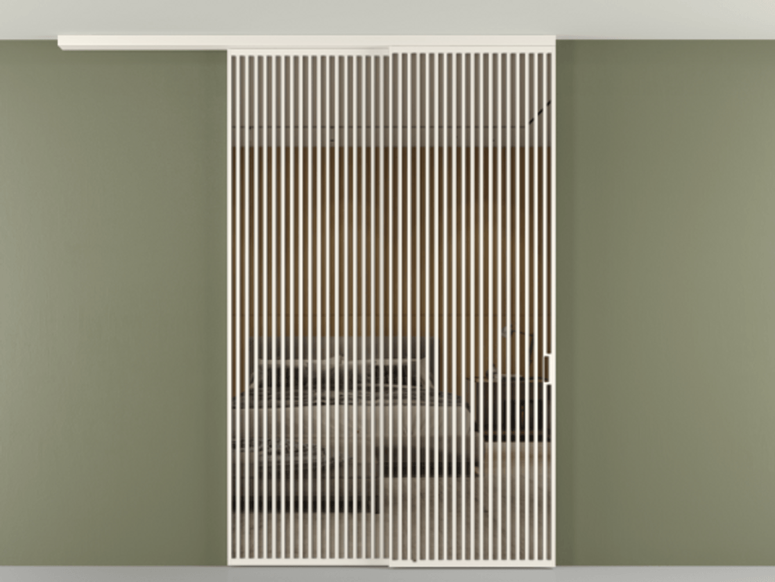 Перегородка Формато вдоль стены на потолок 2 створки с синхронным механизмом АЛПР 040.06 Алюминий пудровый белый Рефлективное бронзовое стекло "Стопсол", калёное Цена 542620 ₽ | Volhovec