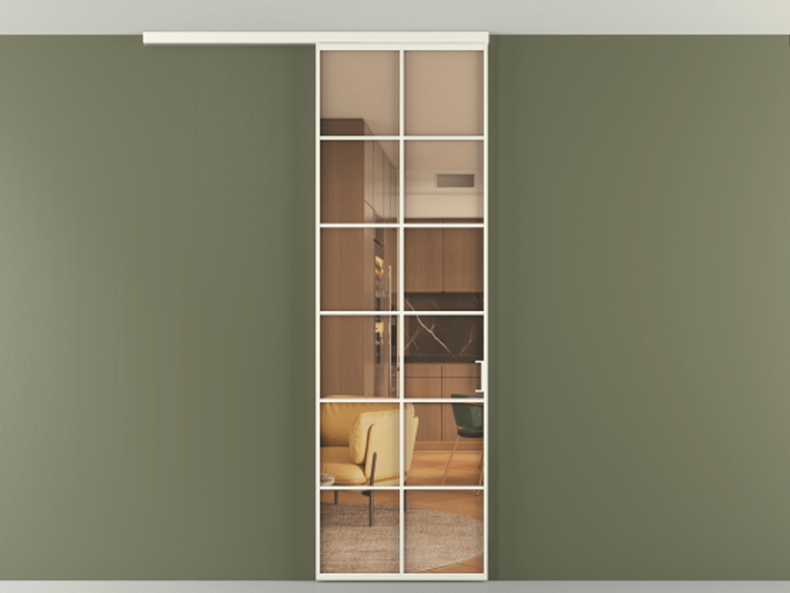 Перегородка Формато вдоль стены на потолок 1 створка АЛПР 040.05 Алюминий жемчужный Прозрачное оранжевое стекло, триплекс Цена 103293 ₽ | Volhovec