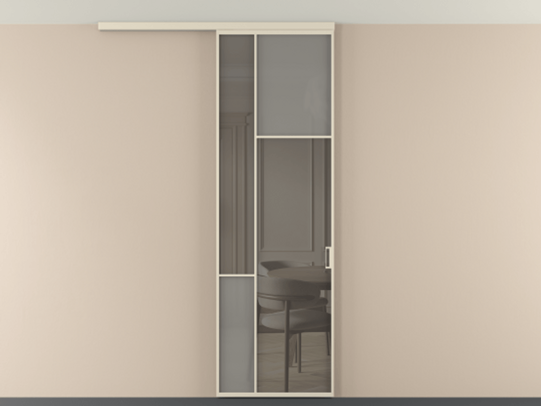 Перегородка Мозаик вдоль стены на потолок 1 створка АЛПР 041.11 Алюминий бежево-серый Сатинированное серое стекло, триплекс, 6 мм + Прозрачное серое стекло, триплекс Цена 135040 ₽ | Volhovec