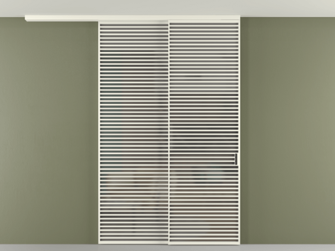 Перегородка Формато вдоль стены на потолок 2 створки с синхронным механизмом АЛПР 040.07 Алюминий жемчужный Сатинированное серое стекло, триплекс Цена 450456 ₽ | Volhovec