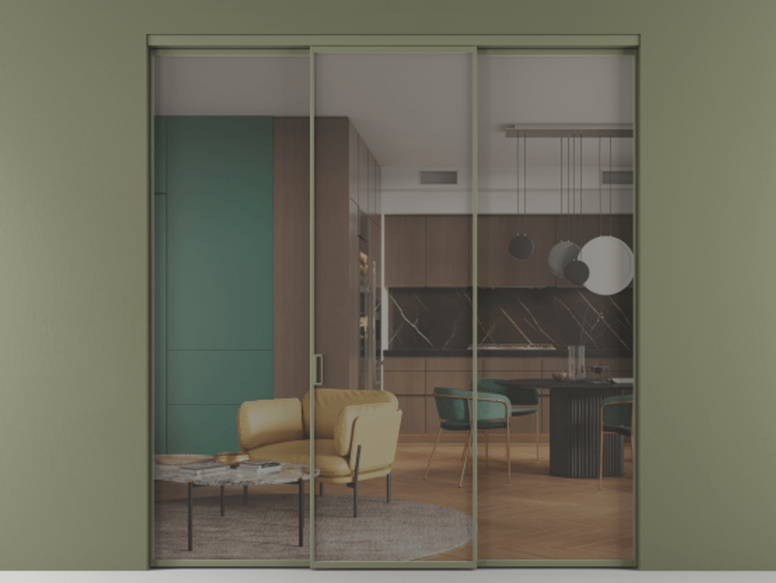 Перегородка Formato внутри проёма 3 створки АЛПР 040.01 Алюминий оливковый тёмный Прозрачное серое стекло, триплекс Цена 225125 ₽ | Volhovec