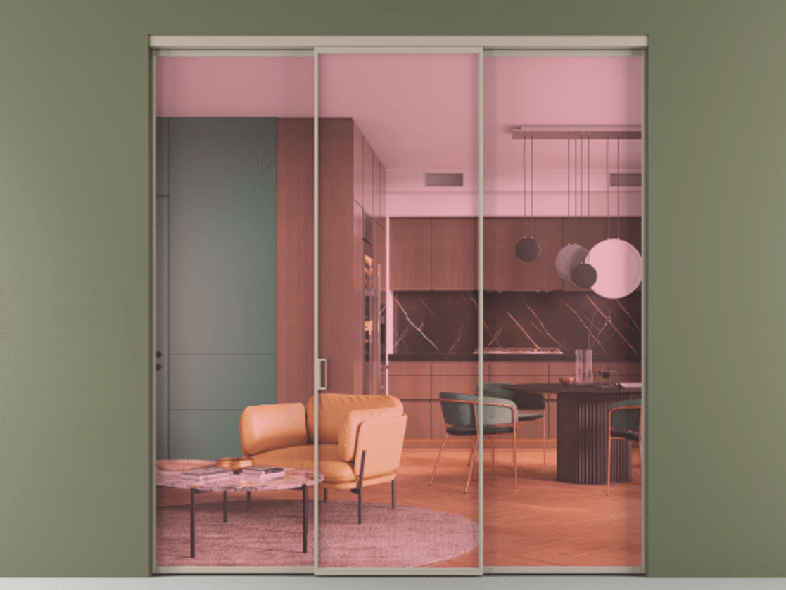 Перегородка Formato внутри проёма 3 створки АЛПР 040.01 Алюминий бисквитный Прозрачное розовое стекло, триплекс Цена 225125 ₽ | Volhovec