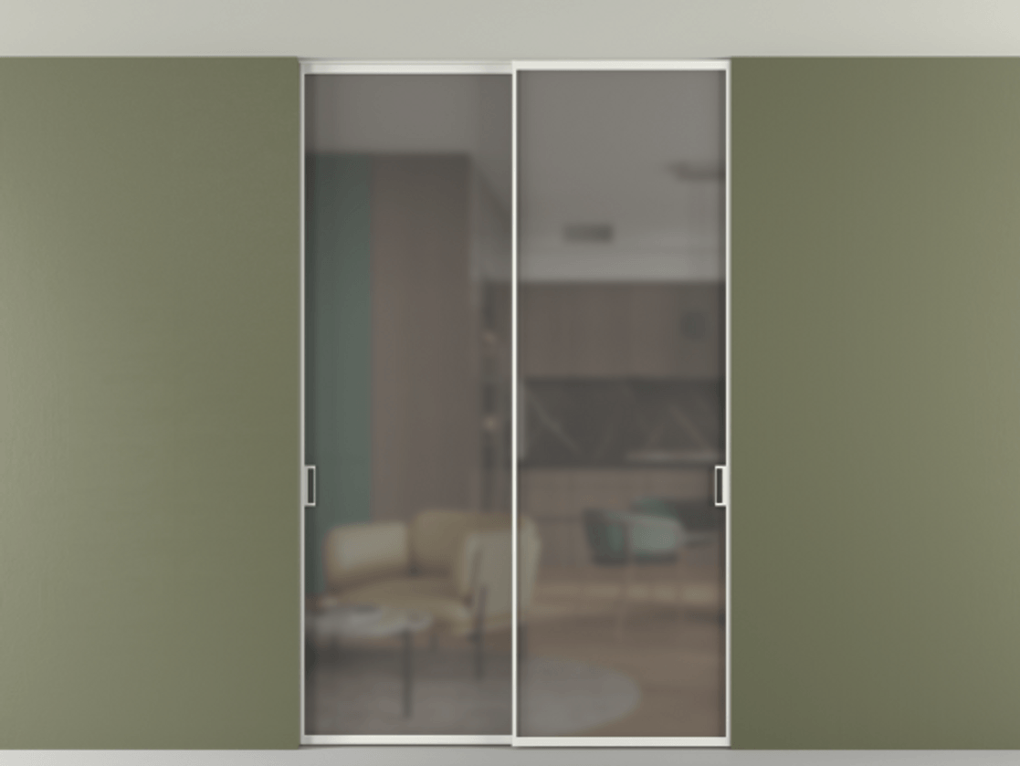 Перегородка Формато внутри проёма скрытое крепление в потолок 2 створки АЛПР 040.01 Алюминий светло-серый Сатинированное серое стекло, триплекс Цена 239305 ₽ | Volhovec