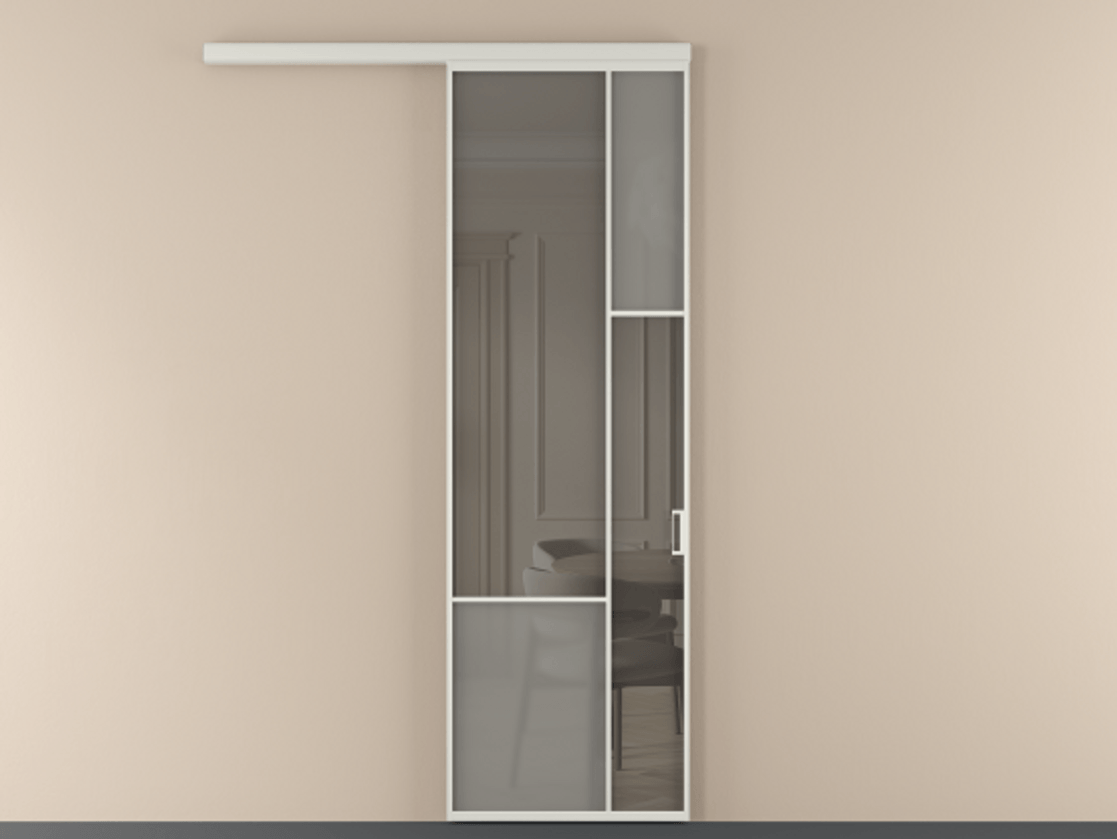 Перегородка Мозаик вдоль стены 1 створка АЛПР 041.12 Алюминий Белый Сатинированное серое стекло, триплекс, 6 мм + Прозрачное серое стекло, триплекс Цена 131390 ₽ | Volhovec