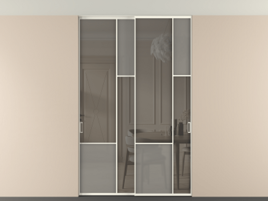 Перегородка Мозаик внутри проёма скрытое крепление в потолок 2 створки АЛПР 041.12 Алюминий жемчужный Сатинированное серое стекло, триплекс, 6 мм + Прозрачное серое стекло, триплекс Цена 324580 ₽ | Volhovec