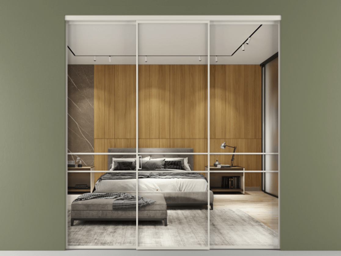 Перегородка Formato внутри проёма 3 створки АЛПР 040.02 Алюминий облачно-серый Двустороннее зеркало, триплекс , триплекс 6 мм Цена 237275 ₽ | Volhovec