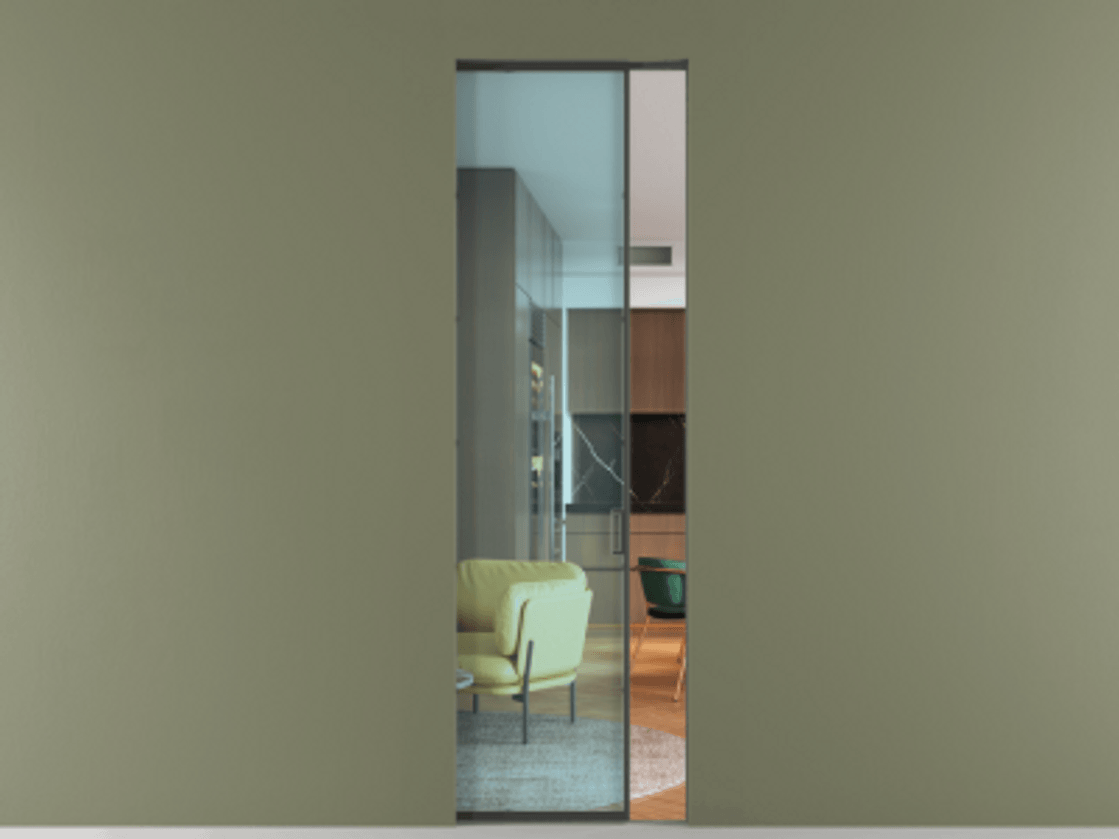 Перегородка Формато скрытый пенал 1 створка АЛПР 040.05 Графитовый Прозрачное голубое стекло, триплекс Цена 211400 ₽ | Volhovec