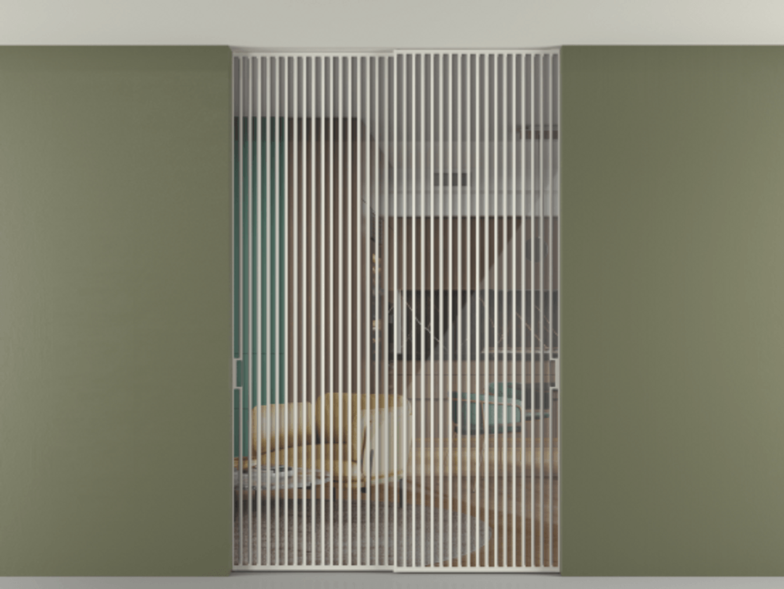 Перегородка Формато внутри проёма скрытое крепление в потолок 2 створки АЛПР 040.06 Алюминий Белый Рефлективное прозрачное стекло "Стопсол", калёное Цена 502860 ₽ | Volhovec