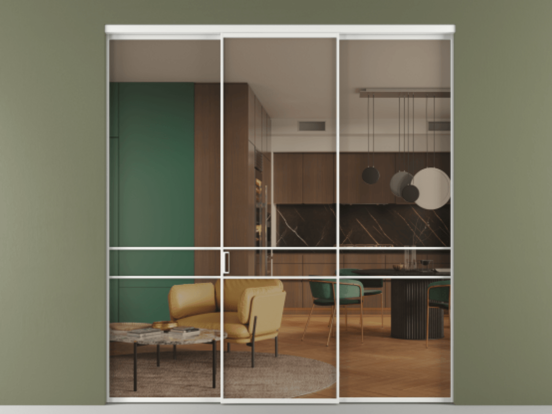 Перегородка Формато внутри проёма 3 створки АЛПР 040.02 Алюминий белоснежный Прозрачное бронзовое стекло, триплекс Цена 345470 сом | Volhovec