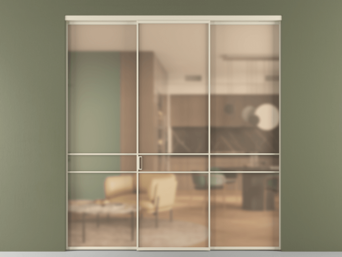 Перегородка Formato внутри проёма 3 створки АЛПР 040.02 Алюминий бежево-серый Сатинированное оранжевое стекло, триплекс Цена 293600 ₽ | Volhovec