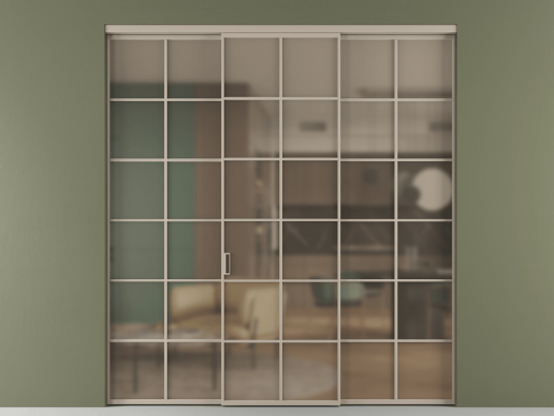 Перегородка Формато внутри проёма 3 створки АЛПР 040.05 Алюминий бисквитный Сатинированное бронзовое стекло, триплекс Цена 254825 ₽ | Volhovec