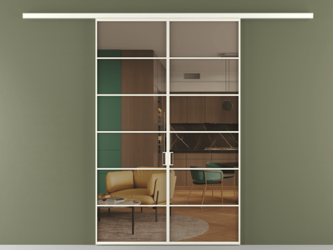 Перегородка Formato вдоль стены 2 створки АЛПР 040.04 Алюминий жемчужный Прозрачное бронзовое стекло, триплекс Цена 248600 ₽ | Volhovec