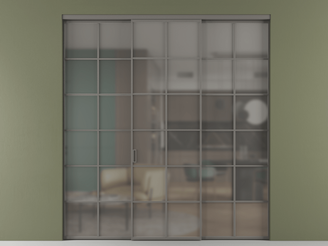 Перегородка Формато внутри проёма 3 створки АЛПР 040.05 Алюминий классический серый Сатинированное серое стекло, триплекс Цена 254825 ₽ | Volhovec