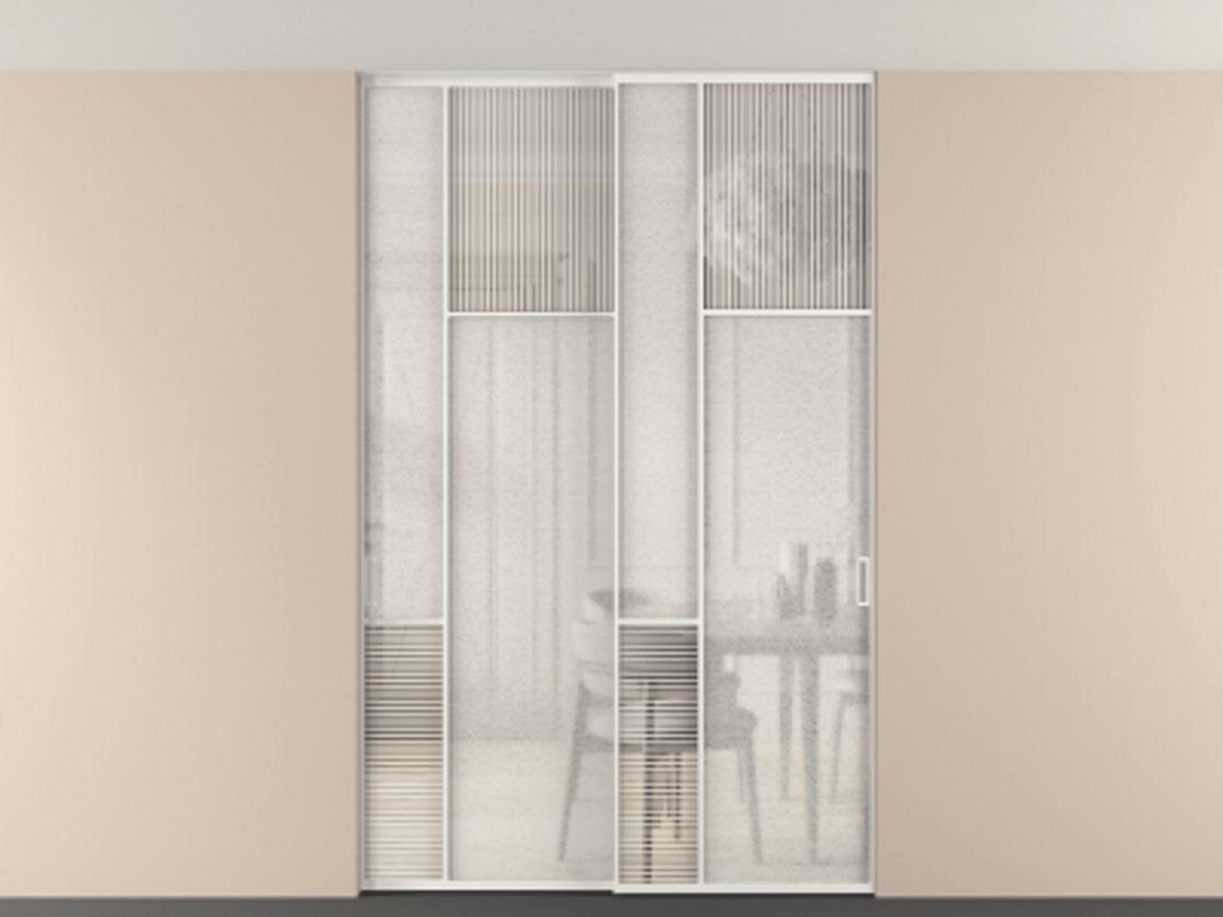 Перегородка Мозаик внутри проёма скрытое крепление в потолок 2 створки АЛПР 041.11 Алюминий светло-серый Рифлёное стекло "Дюна", триплекс, 6 мм + Фактурное стекло "Лёд", триплекс Цена 340580 ₽ | Volhovec