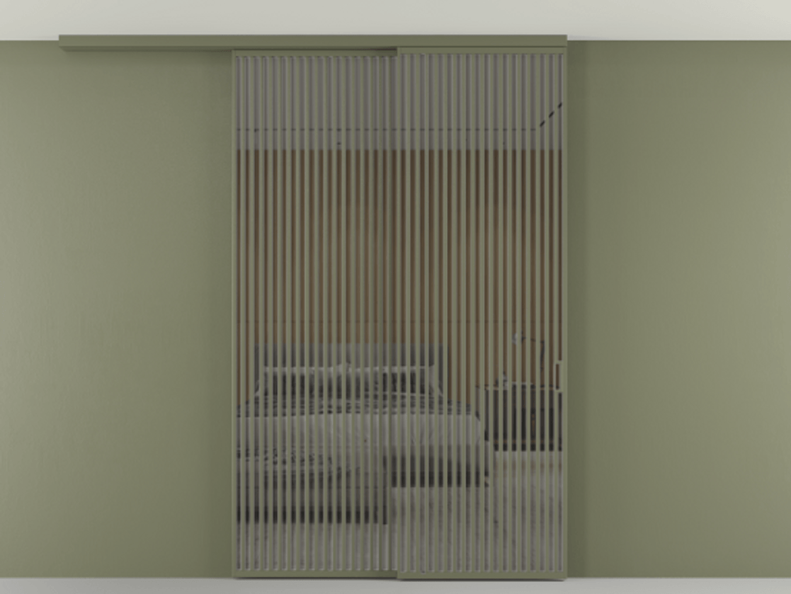 Перегородка Формато вдоль стены на потолок 2 створки с синхронным механизмом АЛПР 040.06 Алюминий оливковый тёмный Рефлективное серое стекло "Стопсол", калёное Цена 463256 ₽ | Volhovec