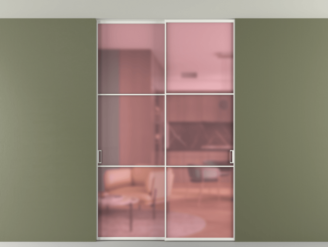 Перегородка Formato внутри проёма скрытое крепление в потолок 2 створки АЛПР 040.03 Алюминий светло-серый Сатинированное розовое стекло, триплекс Цена 248215 ₽ | Volhovec