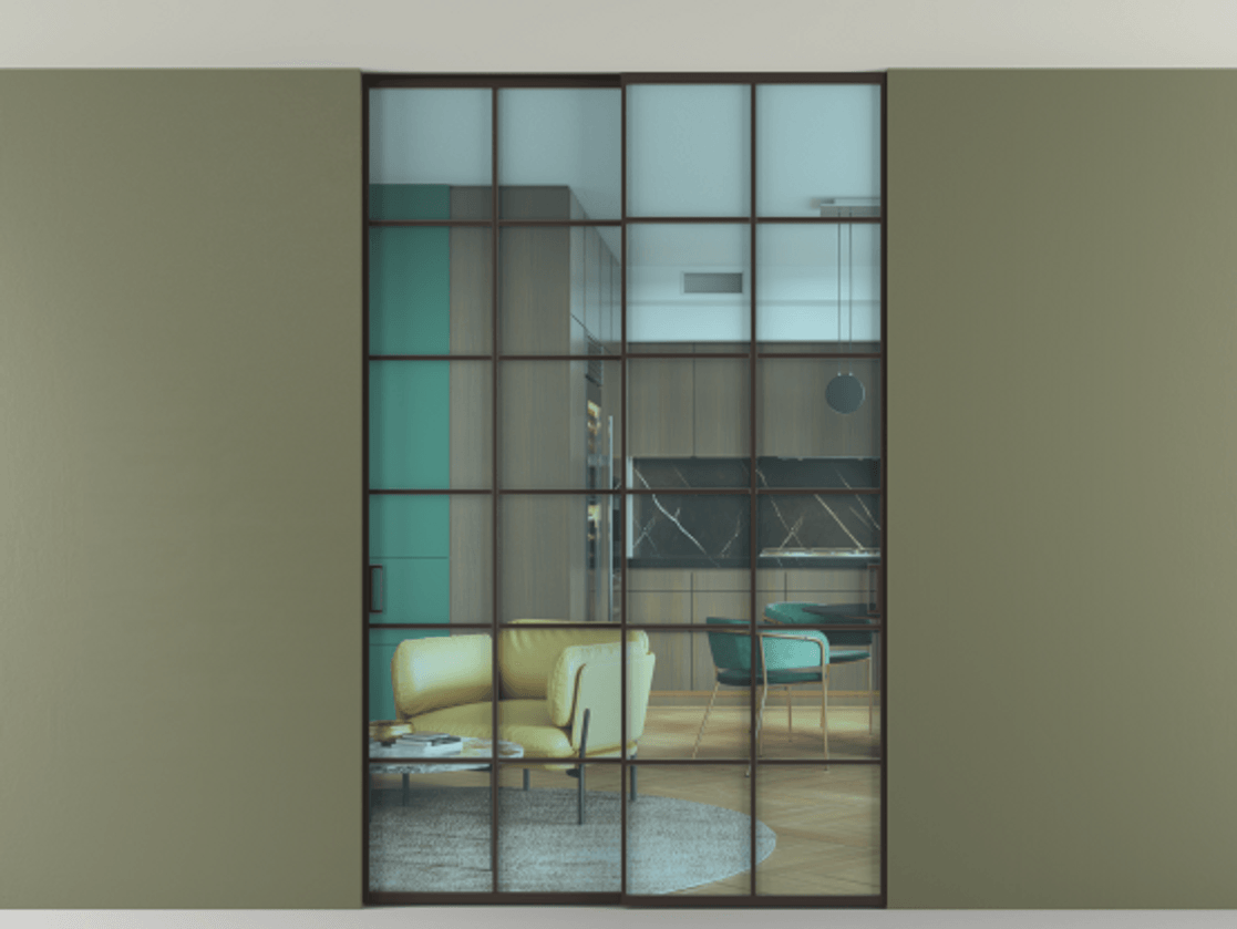 Перегородка Formato внутри проёма скрытое крепление в потолок 2 створки АЛПР 040.05 Алюминий антрацит Прозрачное голубое стекло, триплекс Цена 270204 ₽ | Volhovec