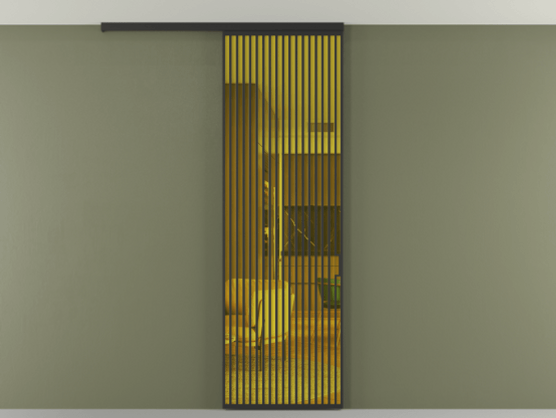 Перегородка Формато вдоль стены на потолок 1 створка АЛПР 040.06 Алюминий Черный Прозрачное жёлтое стекло, триплекс Цена 170160 ₽ | Volhovec