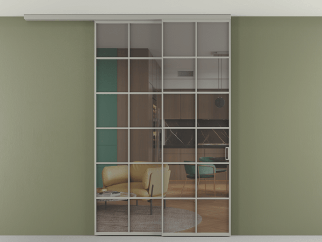 Перегородка Формато вдоль стены на потолок 2 створки с синхронным механизмом АЛПР 040.05 Алюминий нейтральный серый Прозрачное серое стекло, триплекс Цена 291704 ₽ | Volhovec