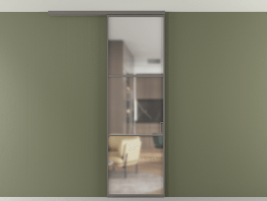 Перегородка Формато вдоль стены на потолок 1 створка АЛПР 040.03 Алюминий классический серый Сатинированное стекло "Мателюкс Кристал Вижн", калёное, матовое, каленое 6 мм Цена 125510 ₽ | Volhovec