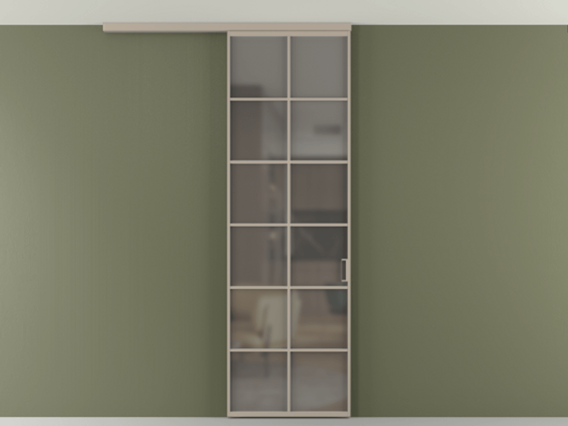 Перегородка Формато вдоль стены на потолок 1 створка АЛПР 040.05 Алюминий бисквитный Сатинированное серое стекло, триплекс Цена 107852 ₽ | Volhovec