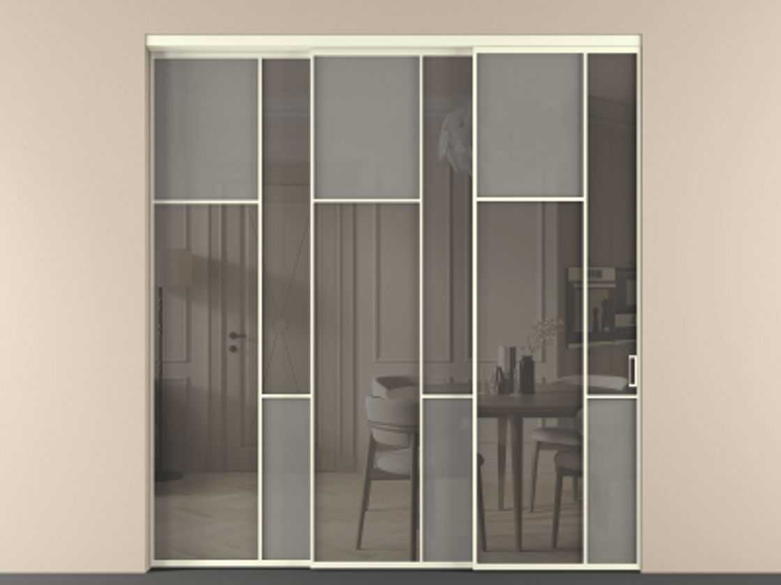 Перегородка Мозаик внутри проёма 3 створки с синхронным механизмом АЛПР 041.10 Алюминий молочно-белый Сатинированное серое стекло, триплекс, 6 мм + Прозрачное серое стекло, триплекс Цена 437390 ₽ | Volhovec