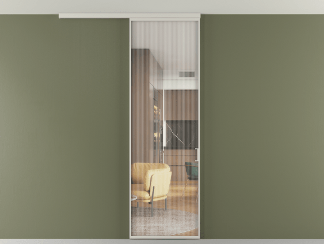 Перегородка Формато вдоль стены на потолок 1 створка АЛПР 040.01 Алюминий тёплый серый Рифлёное стекло "Мору", триплекс Цена 98403 ₽ | Volhovec