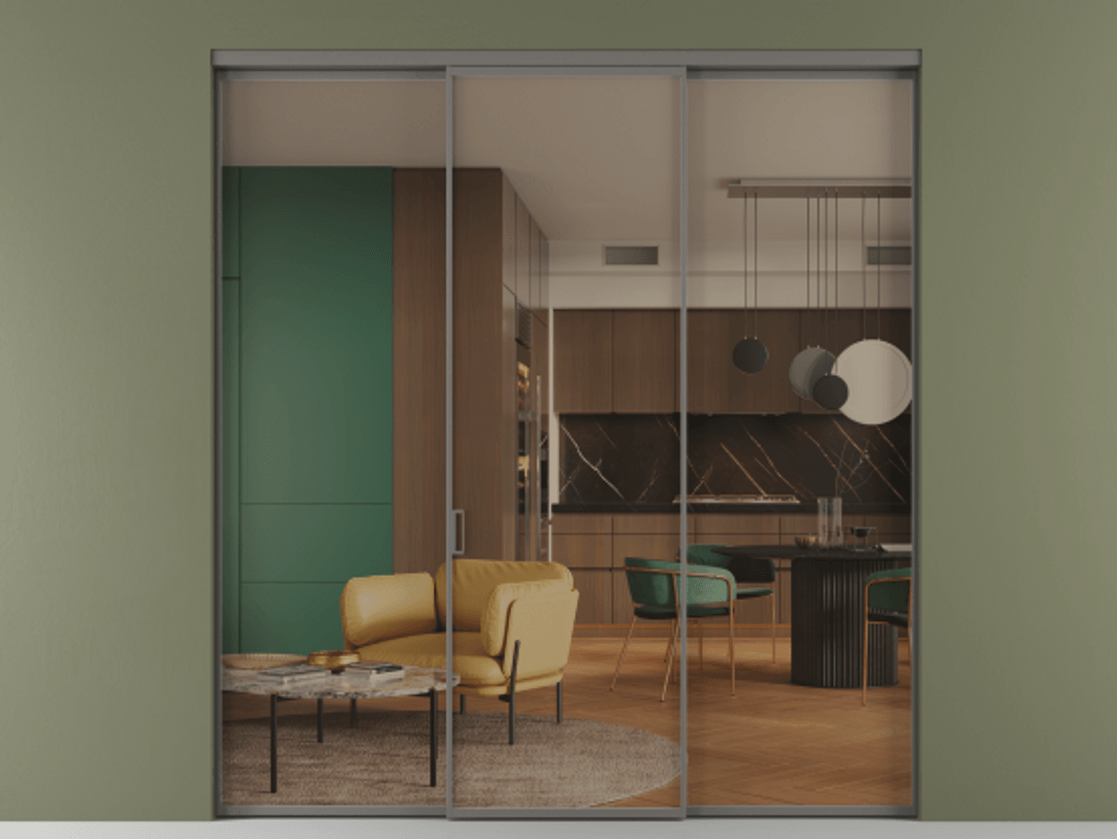 Перегородка Formato внутри проёма 3 створки АЛПР 040.01 Алюминий классический серый Прозрачное бронзовое стекло, триплекс Цена 225125 ₽ | Volhovec