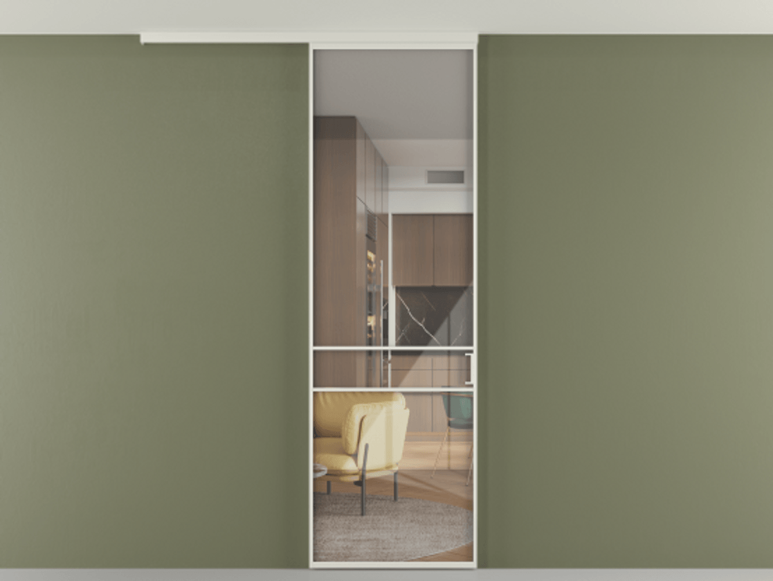 Перегородка Формато вдоль стены на потолок 1 створка АЛПР 040.02 Алюминий Белый Рефлективное прозрачное стекло "Стопсол", калёное Цена 120850 ₽ | Volhovec