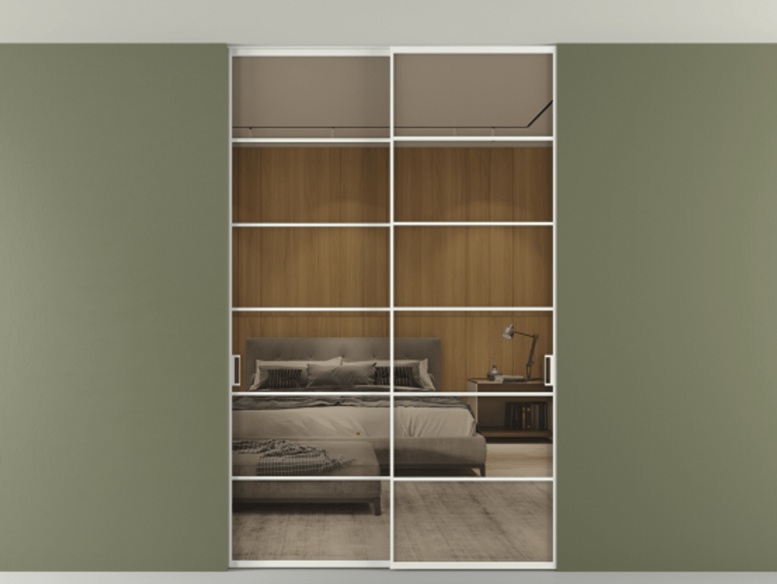 Перегородка Формато внутри проёма скрытое крепление в потолок 2 створки АЛПР 040.04 Алюминий светло-серый Рефлективное бронзовое стекло "Стопсол", калёное Цена 322680 ₽ | Volhovec