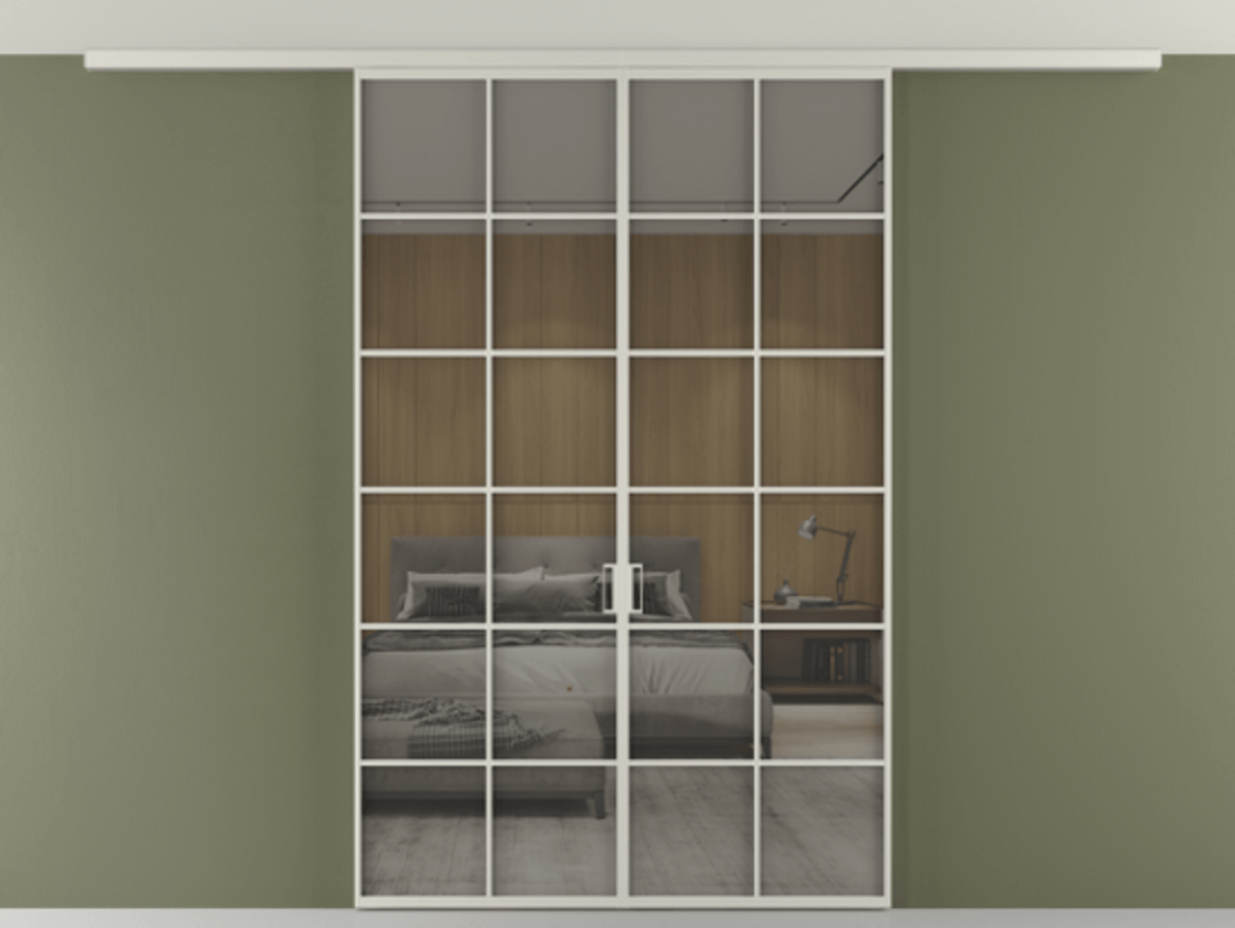 Перегородка Формато вдоль стены на потолок 2 створки АЛПР 040.05 Алюминий тёплый серый Рефлективное серое стекло "Стопсол", калёное Цена 261080 ₽ | Volhovec