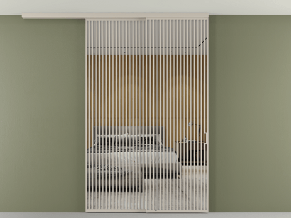 Перегородка Формато вдоль стены на потолок 2 створки с синхронным механизмом АЛПР 040.06 Алюминий светло-бежевый Двустороннее зеркало, триплекс , триплекс 6 мм Цена 450456 ₽ | Volhovec