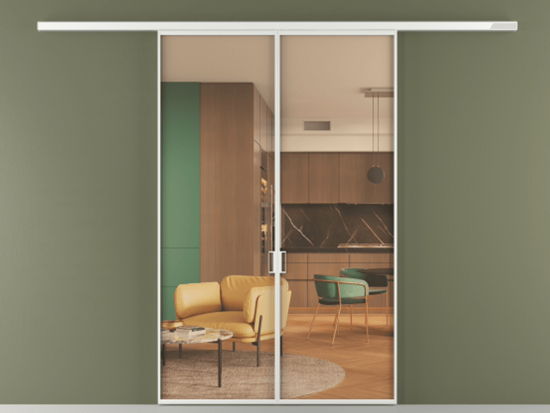 Перегородка Formato вдоль стены 2 створки АЛПР 040.01 Алюминий белоснежный Прозрачное оранжевое стекло, триплекс Цена 222200 ₽ | Volhovec