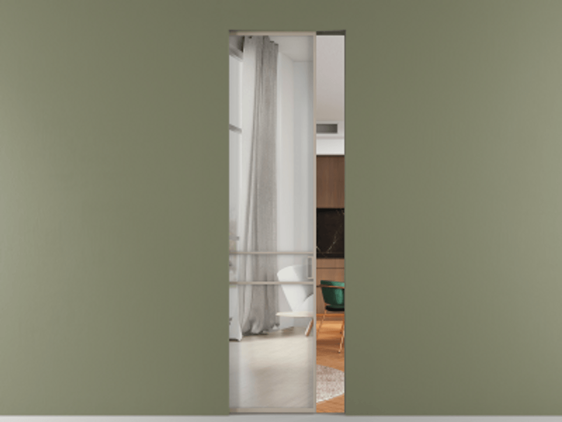 Перегородка Formato скрытый пенал 1 створка АЛПР 040.02 Алюминий бисквитный Двустороннее зеркало, триплекс , триплекс 6 мм Цена 170400 ₽ | Volhovec