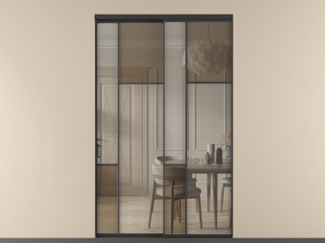 Перегородка Mosaic внутри проёма двустворчатая АЛПР 041.11 Алюминий Черный Mesh silver + Бронза прозрачное триплекс Цена 230160 ₽ | Volhovec