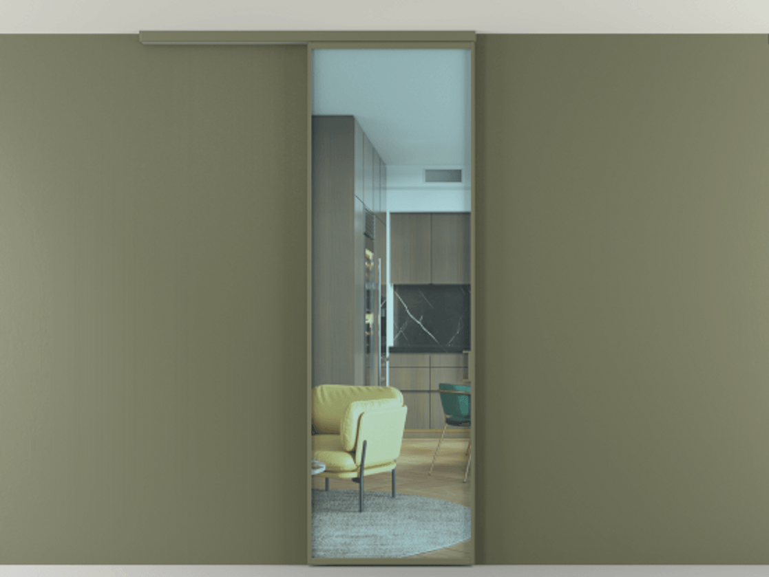 Перегородка Формато вдоль стены на потолок 1 створка АЛПР 040.01 Алюминий оливковый тёмный Прозрачное голубое стекло, триплекс Цена 92403 ₽ | Volhovec