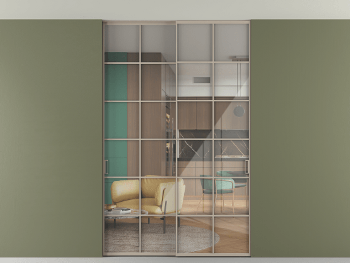 Перегородка Формато внутри проёма скрытое крепление в потолок 2 створки АЛПР 040.05 Алюминий бисквитный Рефлективное прозрачное стекло "Стопсол", калёное Цена 2176150 AMD | Volhovec