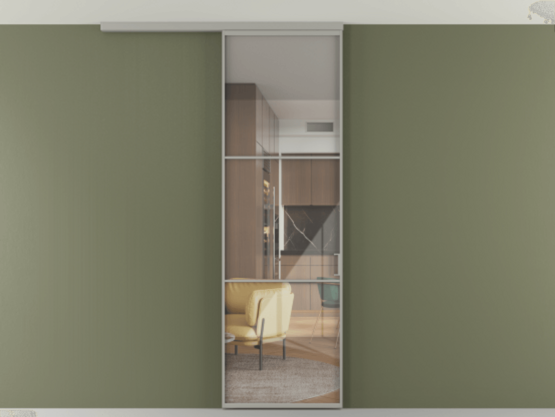 Перегородка Формато вдоль стены на потолок 1 створка АЛПР 040.03 Алюминий нейтральный серый Рефлективное прозрачное стекло "Стопсол", калёное Цена 107388 ₽ | Volhovec