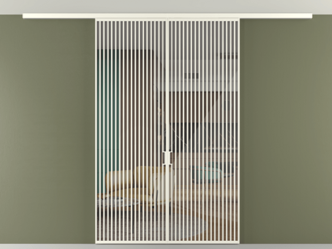 Перегородка Формато вдоль стены на потолок 2 створки АЛПР 040.06 Алюминий жемчужный Рефлективное прозрачное стекло "Стопсол", калёное Цена 380156 ₽ | Volhovec