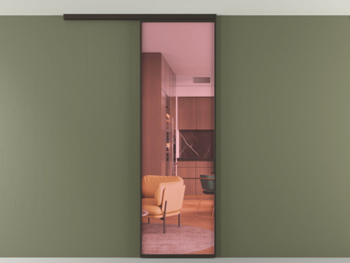 Перегородка Формато вдоль стены на потолок 1 створка АЛПР 040.01 Алюминий антрацит Прозрачное розовое стекло, триплекс Цена 92403 ₽ | Volhovec