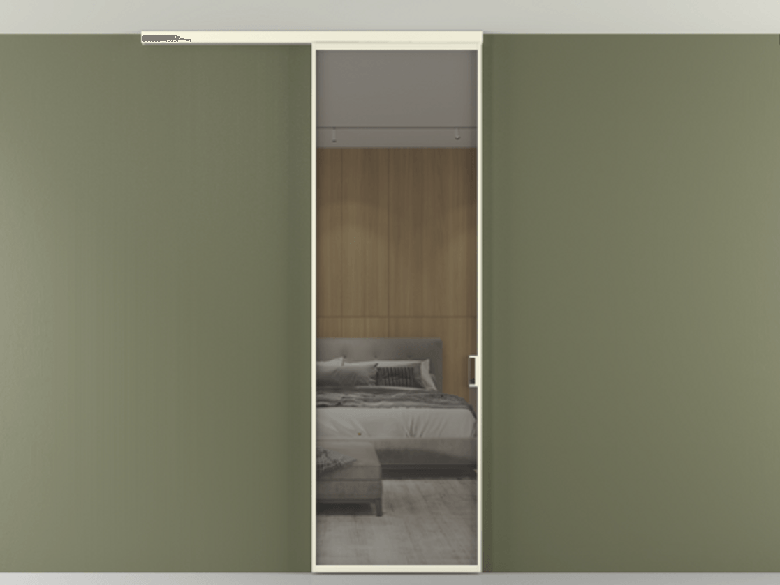 Перегородка Формато вдоль стены на потолок 1 створка АЛПР 040.01 Алюминий молочно-белый Рефлективное серое стекло "Стопсол", калёное Цена 119570 ₽ | Volhovec